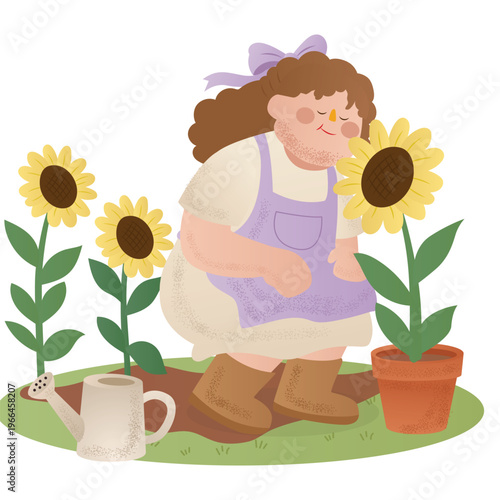 Pastel Garden Illustration. Vector illustration of Girl smelling sunflower in blooming garden enjoying nature. Isolated on background