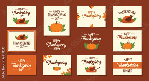 Collection of various happy thanksgiving day greeting cards featuring pumpkins cooked turkeys and autumn foliage on orange.