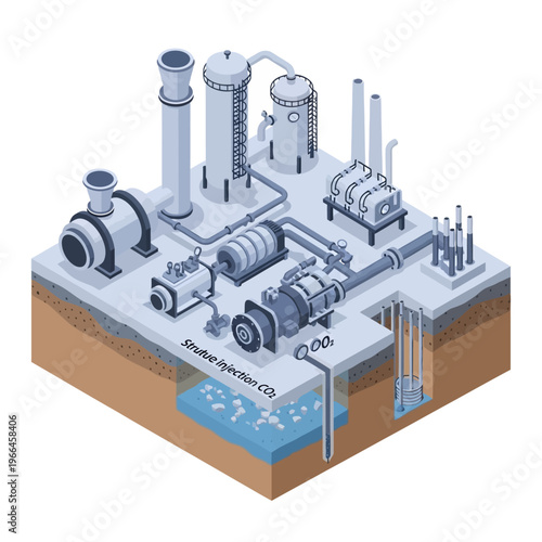 Diagram illustrating the process of injecting captured carbon dioxide into underground geological formations for storage.