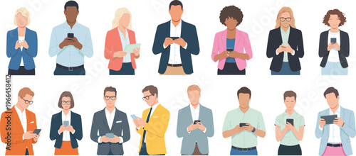 Diverse people using smartphones character set with modern communication, social media interaction and mobile technology in flat illustration collection