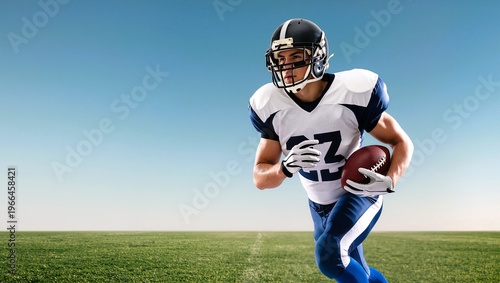 Male American football player in blue and white uniform running with a football on a green field under a clear blue sky during daytime