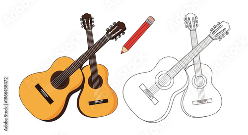 Illustration of two acoustic guitars leaning against each other with a pencil and a black and white coloring book version.