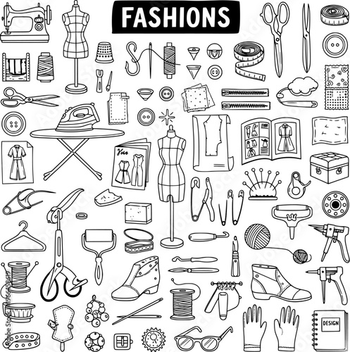 Hand-drawn doodle set of fashion, sewing, tailoring, knitting, and cobbler tools and accessories. Collection of design, craft, and garment making equipment icons.