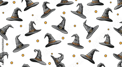 Festive halloween seamless pattern featuring numerous dark grey witch hats with orange buckles and yellow dots on white base.