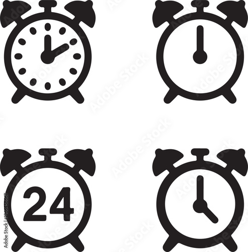 Four black and white alarm clocks with different clock faces time 24 hour