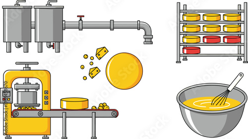 Industrial cheese production process illustration with machinery, conveyor system, dairy mixing bowl and storage racks in modern food factory