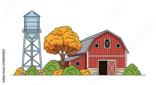 Countryside farm landscape featuring a classic red wooden barn a tall metal water silo and a golden autumn tree in a field.