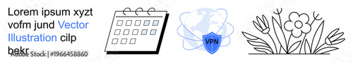 Data security, time management, nature, online privacy, design elements, scheduling. Includes a calendar icon, VPN shield flowers and text elements. Data security and time management concept