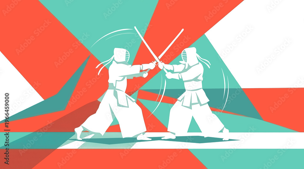 Obraz premium Two young energetic men exercise sparring fight kendo with wooden sword. Combative fight sport concept.