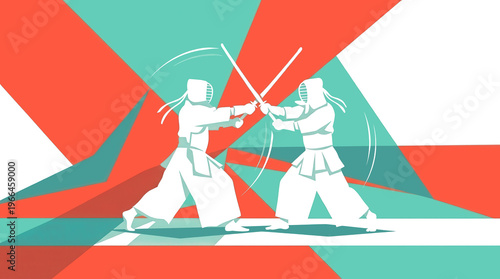 Two young energetic men exercise sparring fight kendo with wooden sword. Combative fight sport concept.