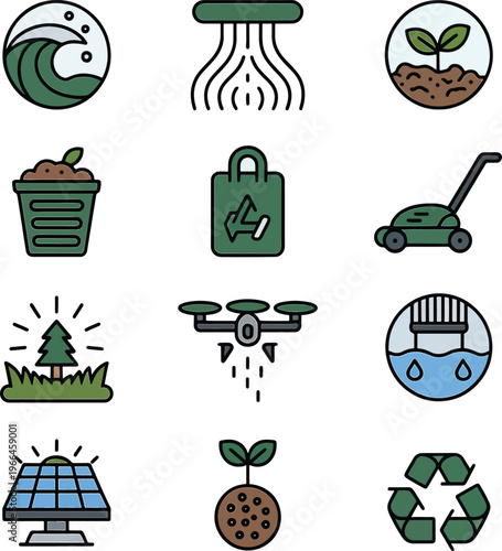 A vibrant collection of diverse environmental and ecological icons representing sustainability, nature conservation, green energy, and earth-friendly practices.