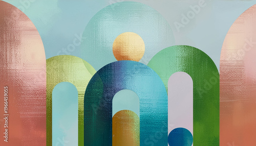 Wallpaper Mural Abstract geometric composition of overlapping colorful arches, textured metallic accents and a golden circle on a soft pastel gradient background, blending organic leaves and architectural forms. Torontodigital.ca