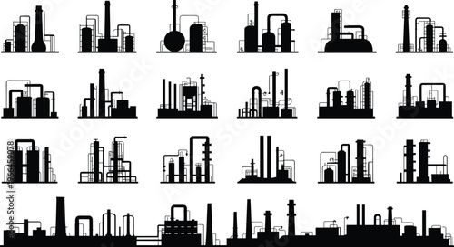 Industrial factory silhouettes collection with oil refinery plants and pipelines, flat vector illustration for manufacturing, energy and production design concept