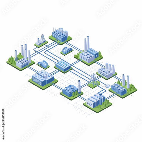 Isometric illustration of a complex industrial network connecting various factories, power stations, and infrastructure elements.
