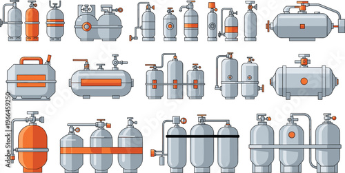 Industrial pressure tanks and gas storage vessels set with valves and pipelines for chemical processing and manufacturing systems illustration