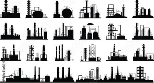 Industrial refinery and factory silhouettes set with pipelines, tanks and chimneys, flat vector illustration for energy, manufacturing and production design