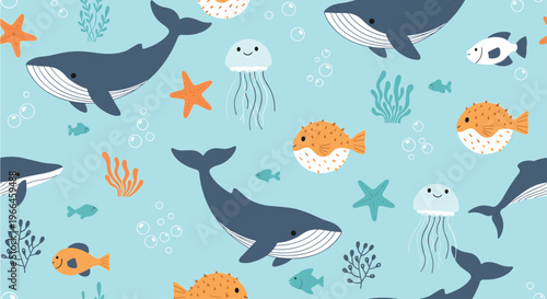 Whimsical underwater seamless pattern with blue whales orange pufferfish smiling jellyfish and colorful starfish on blue.