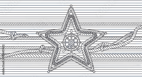 Black and white nautical pattern with horizontal ropes forming a large star shape and a ship steering wheel helm in center.