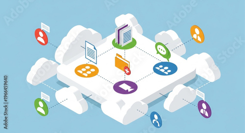 Isometric Cloud Computing Network with Data and User Icons.