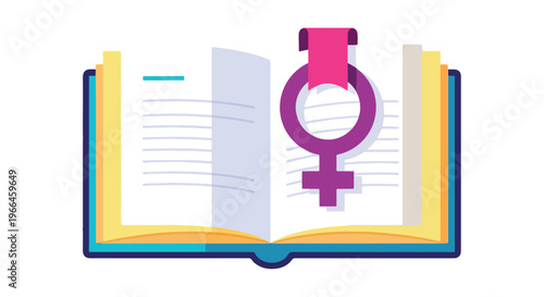 Flat illustration of an open book with a pink and purple gender equality symbol on a white background.