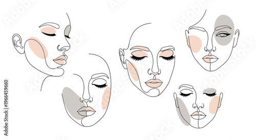 Set of minimalist line art drawings of women faces with abstract color patches in neutral tones representing beauty.