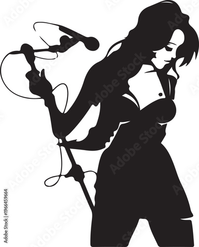Print Silhouette of a female singer holding a microphone on a stand