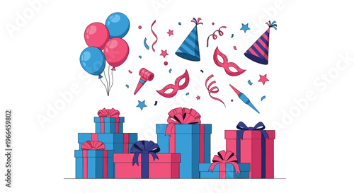 Large collection of party celebration elements including blue and pink gift boxes balloons festive hats masks and confetti.