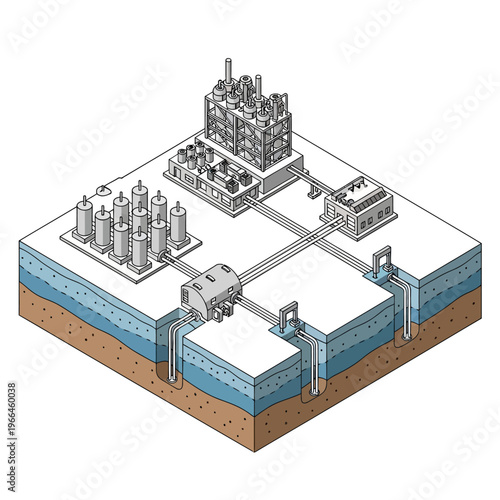 Diagram illustrating the components and process of a geothermal power plant, showing underground heat extraction and surface energy conversion.