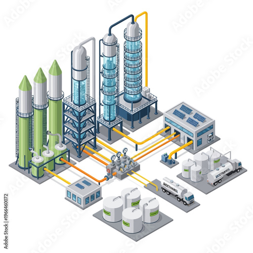 Isometric illustration of a modern industrial chemical processing plant with distillation towers, storage tanks, and transport vehicles.