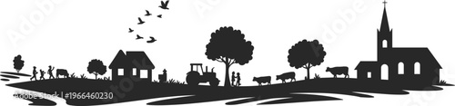 Black silhouette of a peaceful rural village featuring a church, farm houses, tractor, cows, birds, and trees on white background.