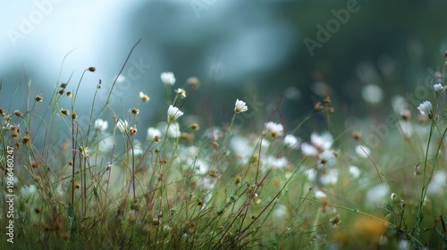 Delicate white wildflowers bloom in misty with blurred natural background.