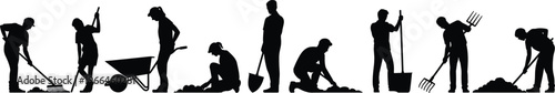 Black silhouette of professional gardeners and farmers working with tools like shovels, rakes, wheelbarrows, and pitchforks on white background landscape.
