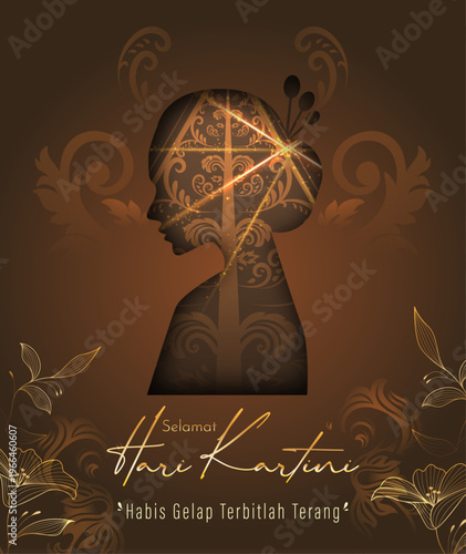 Kartini Day Poster Template with Luxury Gold Silhouette Woman Design with Dark Elegant Background