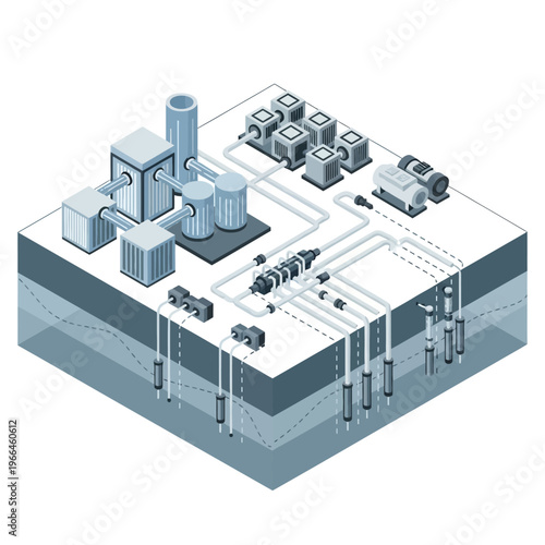 Isometric illustration of a geothermal power plant system, showcasing wells, pumps, turbines, and heat exchangers for energy generation from the Earth's heat.