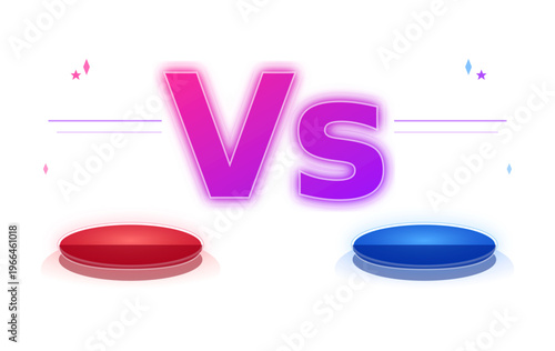 Conceptual Image Illustrating a Competitive Showdown or Contest With Red and Blue Versus Buttons Illuminated Against a Gradient Background Featuring Subtle Sparkles and Floating Particles