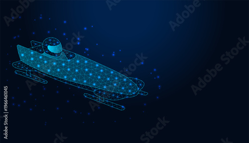 Abstract low poly wireframe bobsleigh with athlete on dark blue background.