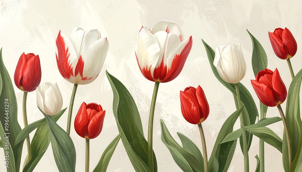 Fototapeta premium A beautiful arrangement of red and white tulips on a beige background