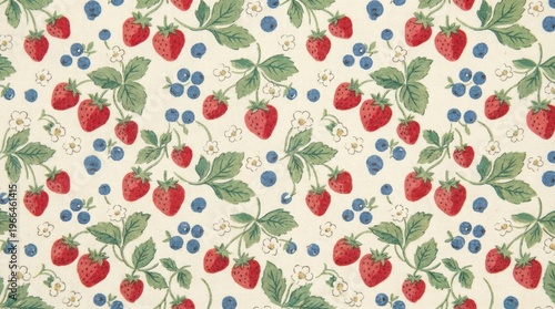 A pattern of vibrant strawberries and blueberries arranged over leaves