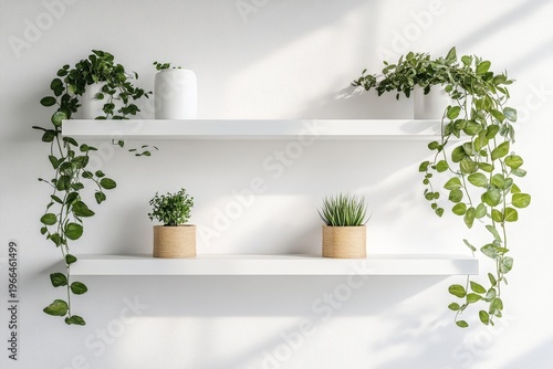 Two empty white shelves on a clean white wall, ideal for showcasing minimalist design and products, Generative AI