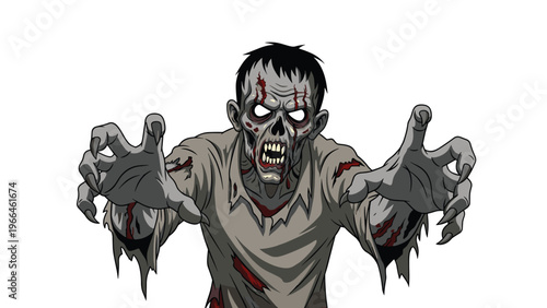 Horrifying zombie with glowing eyes and blood-stained clothes reaching forward with sharp claws in a classic horror illustration style.