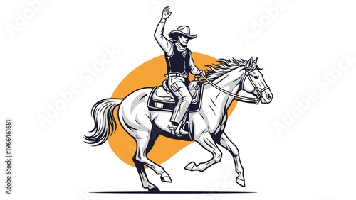 Heroic cowboy riding a horse and waving his hand against a large orange sun in a classic western silhouette style illustration.