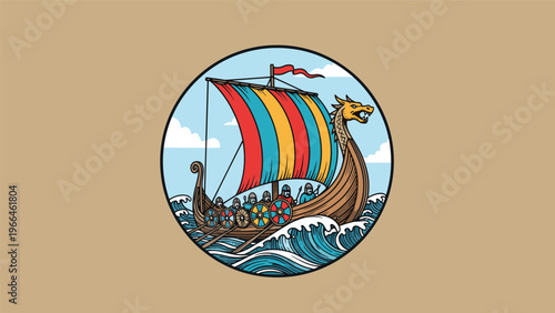 Detailed illustration of a traditional viking longship with colorful sails sailing on ocean waves inside a circular frame with a dragon head prow.