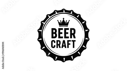 Vintage style beer craft emblem featuring a black and white bottle cap design with a crown icon and bold typography for brewery branding.
