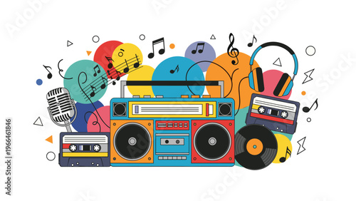 Retro music equipment illustration with a colorful boombox cassette tapes vinyl records and headphones surrounded by abstract shapes and notes.
