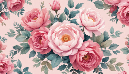 Watercolor floral pattern with roses, peonies, and eucalyptus leaves, soft pink background, romantic style