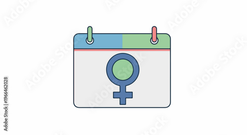 A simple calendar icon with a female symbol on a white background, featuring a blue and green header with push pins.