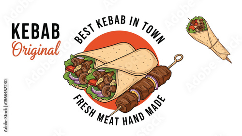 Delicious kebab wrap and skewer meat illustration with fresh ingredients like vegetables for a fast food restaurant menu design or poster.