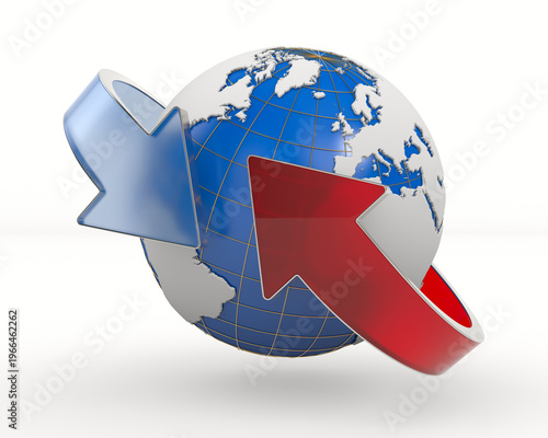 Two arrows wrapped around the earth on white background. Isolated 3D illustration