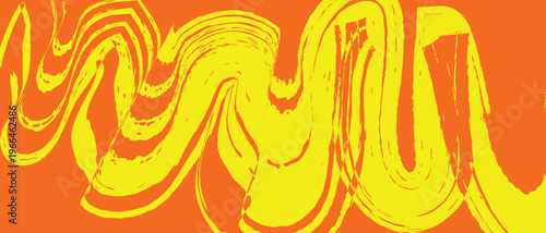 Abstract wavy lines of bright yellow paint on orange background