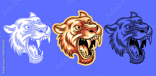 fierce tiger head in three distinct artistic styles. Includes a white inverted silhouette, a vibrant sticker style with fire- fiery themed tone, and,classic vintage etching style